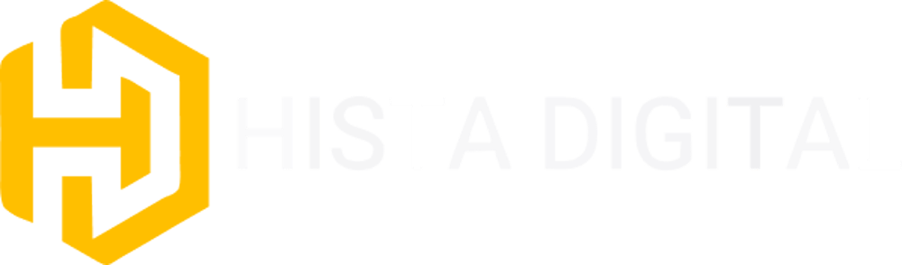 Logo mit goldenem H-Symbol in einem Hexagon und dem weißen Text "HISTA DIGITAL" auf grünem Hintergrund.