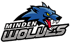 Logo mit einem blauen Wolfskopf und dem Text "MINDEN WOLVES".