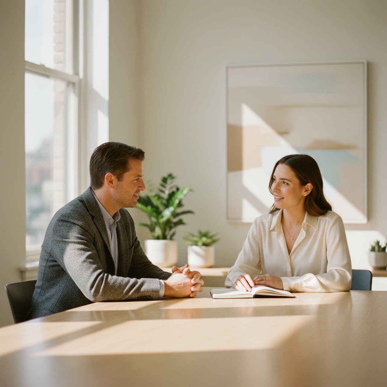 Zwei Personen in einem ruhigen Coaching-Gespräch an einem Tisch