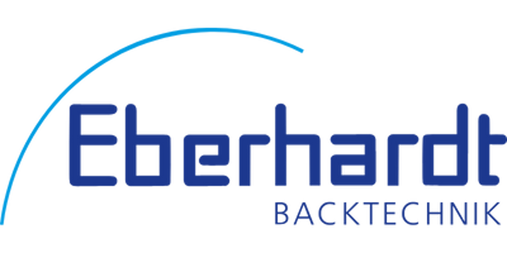 Blaues Eberhardt Logo mit BÄCKTECHNIK und einem blauen Bogen.