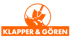 Orangefarbenes Logo: Schaufel, Rechen und Spaten im Kreis über dem Schriftzug "KLAPPER & GÖREN".