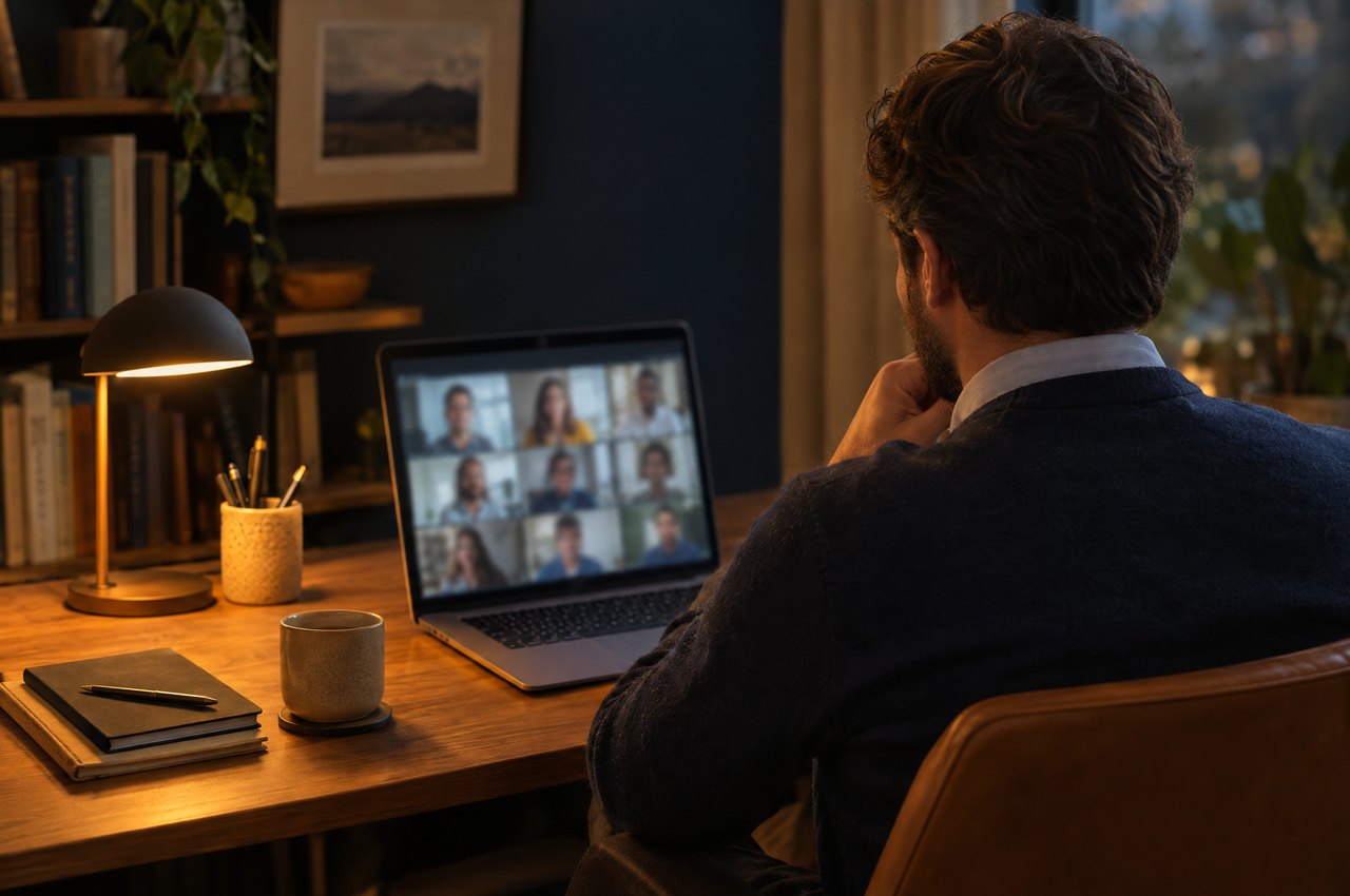 Mann sitzt in einem ruhigen Arbeitszimmer vor dem Laptop in einem Videocall