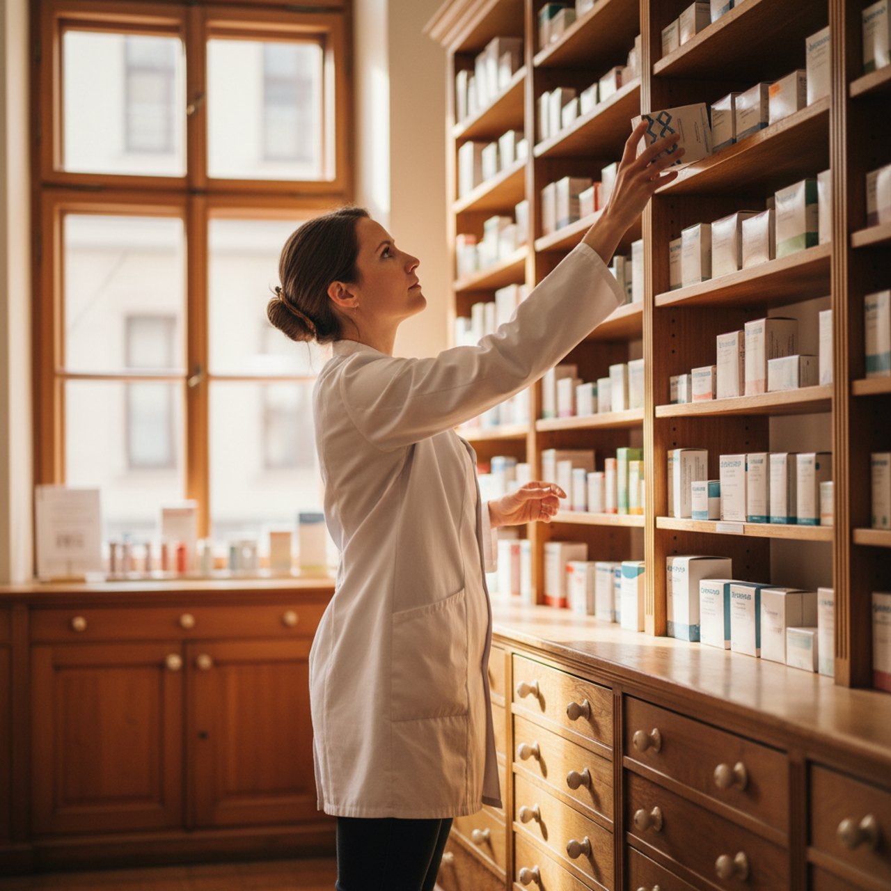 Apothekerin greift ein Medikament aus dem Regal