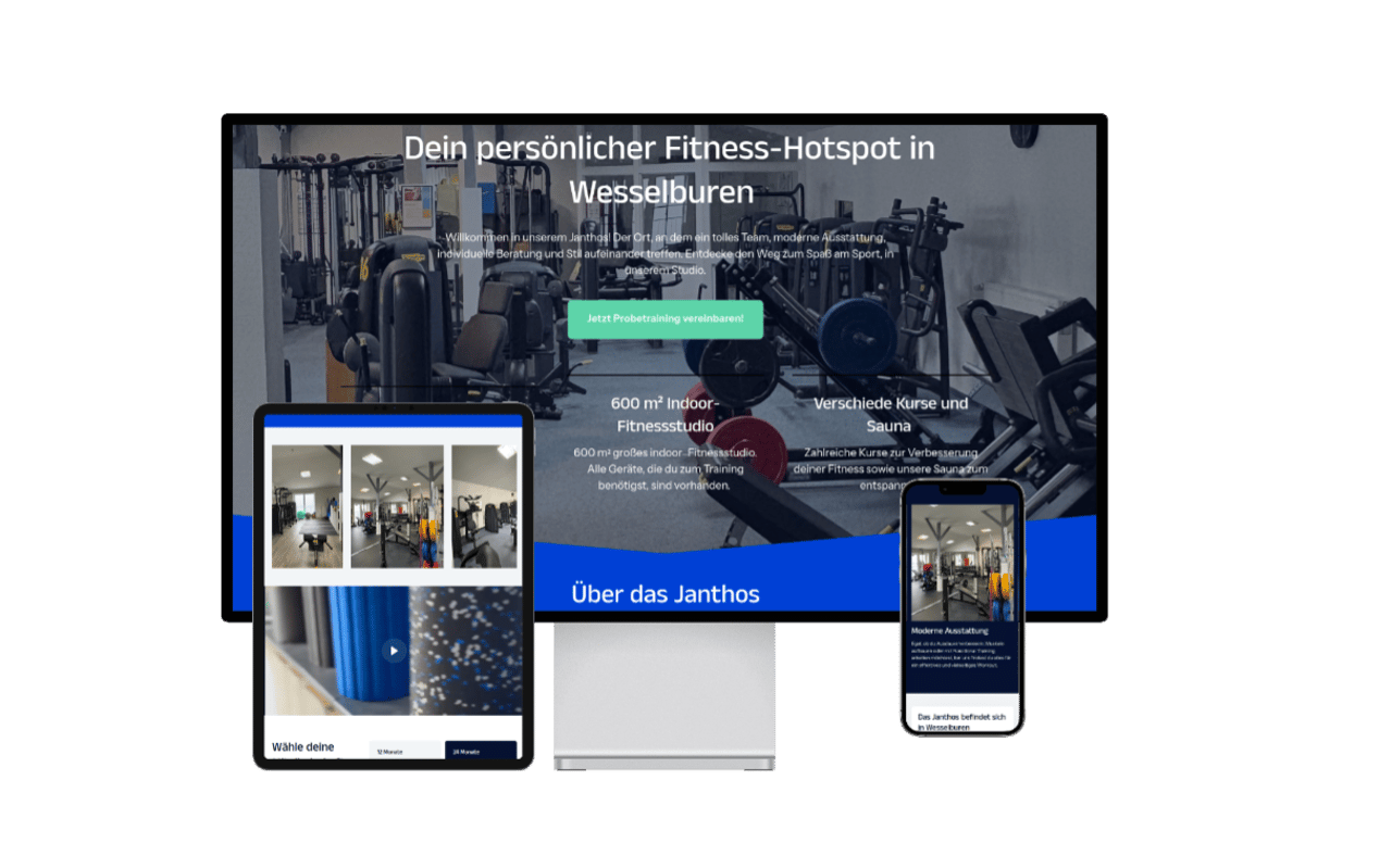 Website-Vorschau für Janthos Fitness-Hotspot auf Monitor, Tablet und Smartphone.
