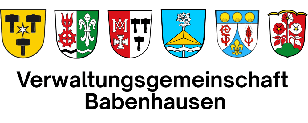 Wappen der Verwaltungsgemeinschaft Babenhausen mit sechs Gemeindewappen.