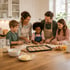 Eine lächelnde Familie mit drei Kindern backt gemeinsam Plätzchen in einer hellen Küche an einer Holztheke.