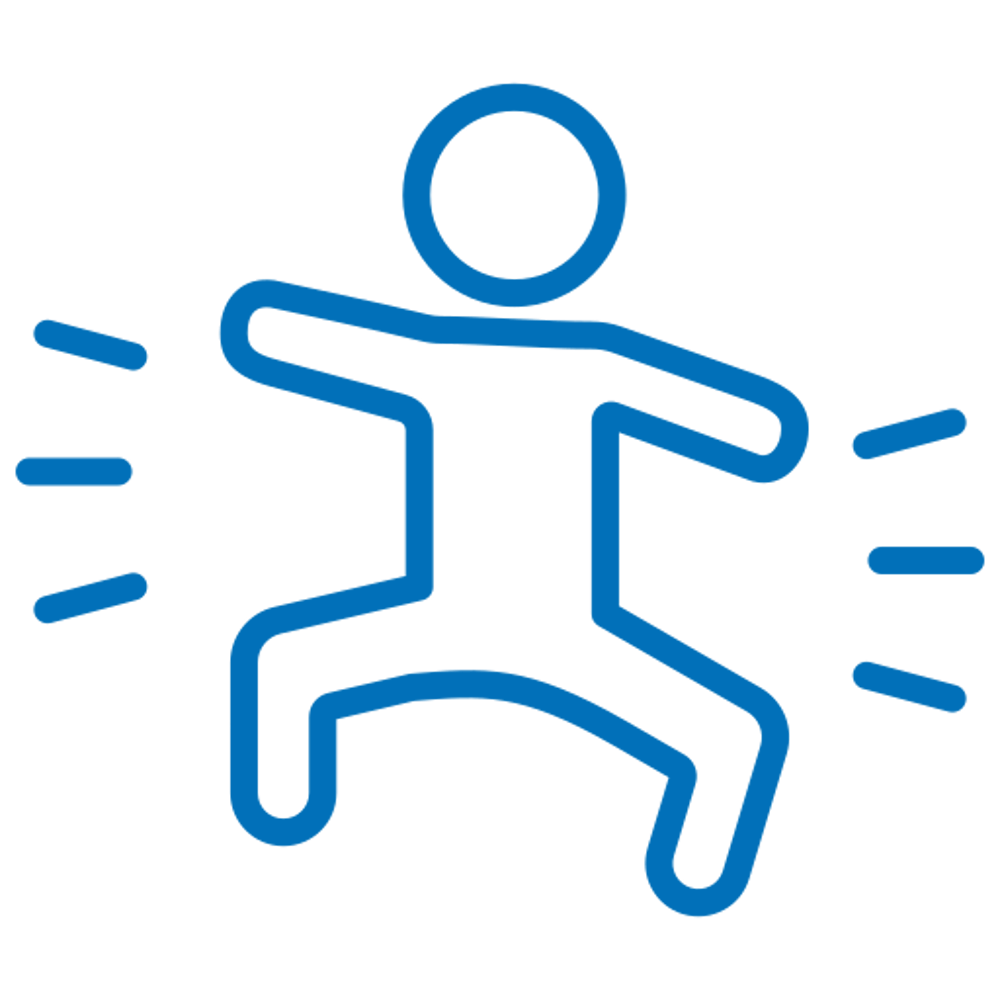 Blaue Strichzeichnung einer Person, die mit erhobenen Armen und winkenden Linien an den Seiten tanzt.