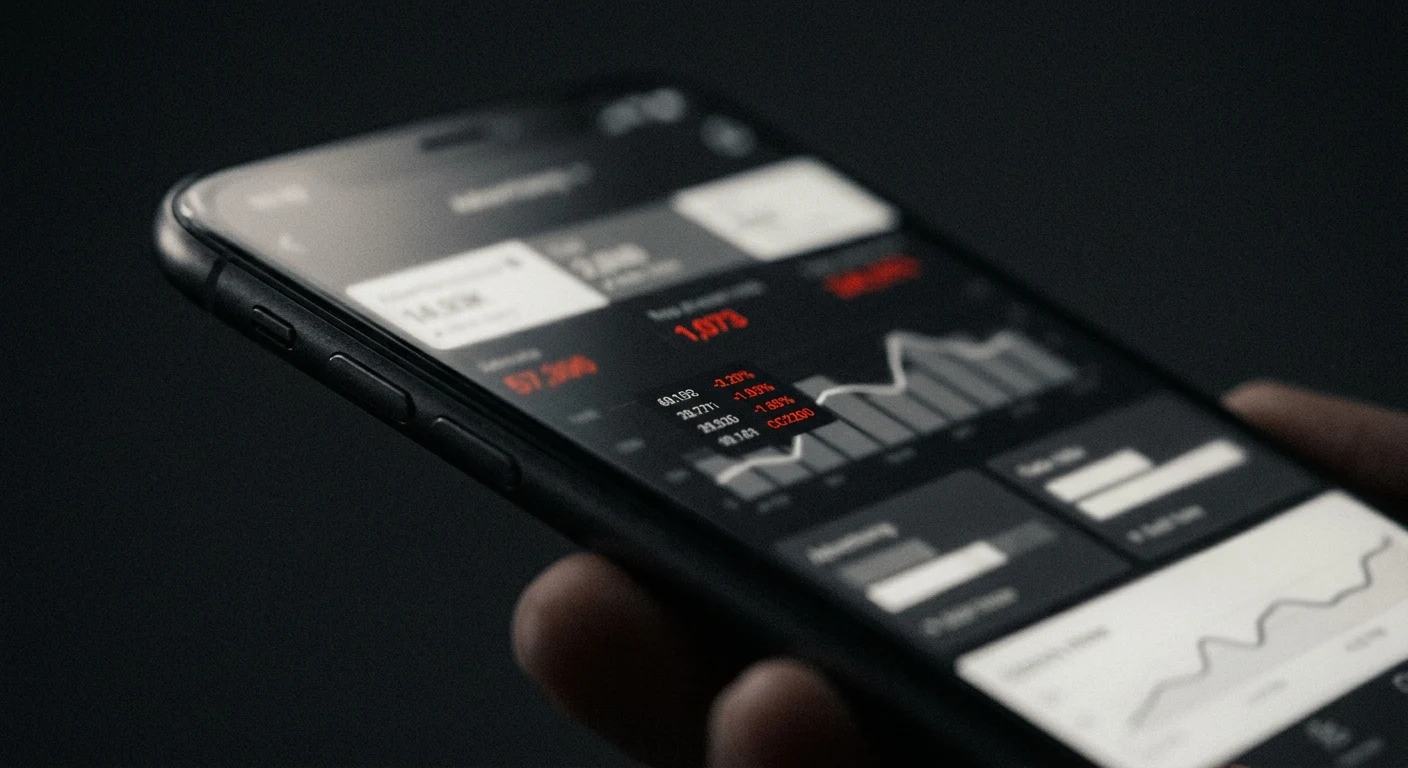 Close-up of a smartphone displaying an abstract dark-mode analytics dashboard with red highlighted figures