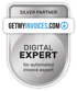 Silbernes Abzeichen von GetMyInvoices.com: "SILVER PARTNER DIGITAL EXPERT for automated invoice export".