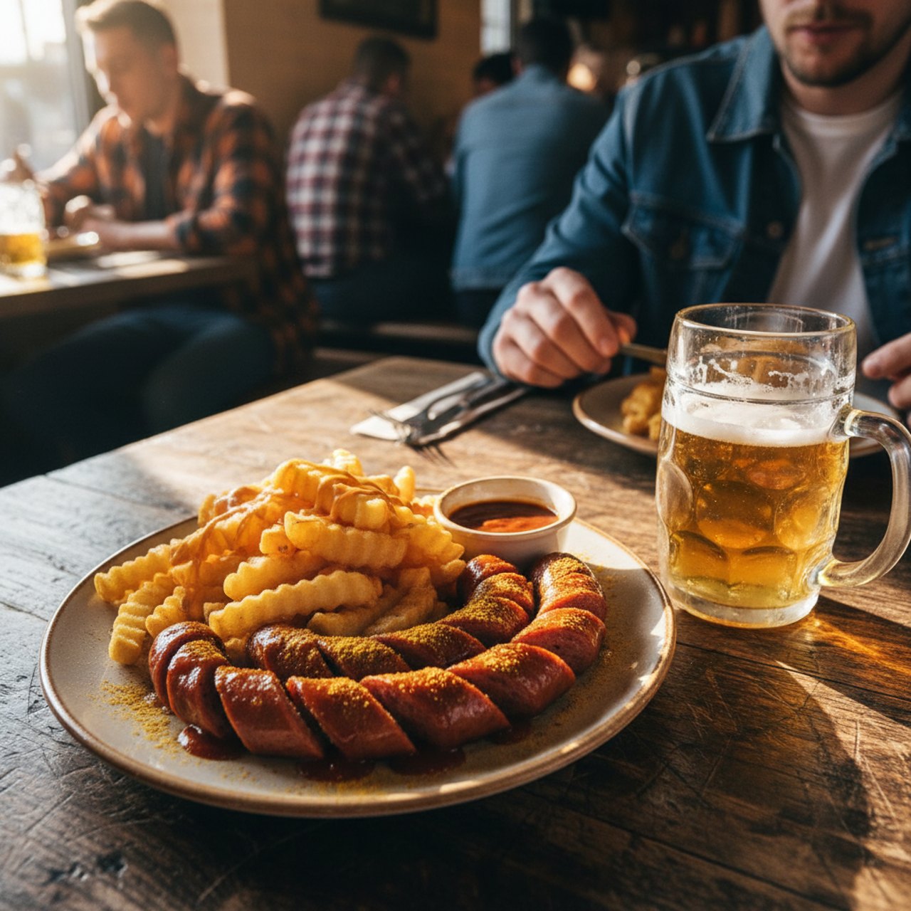 Der Klassiker zum Spiel: Currywurst mit Pommes.