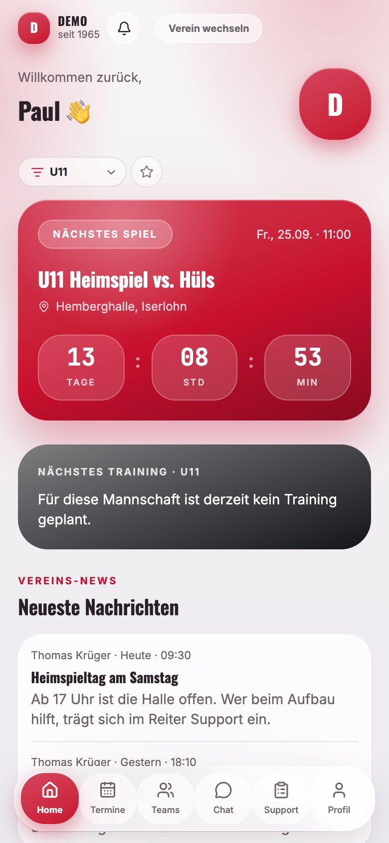 Startseite der App mit nächstem Spiel und Training
