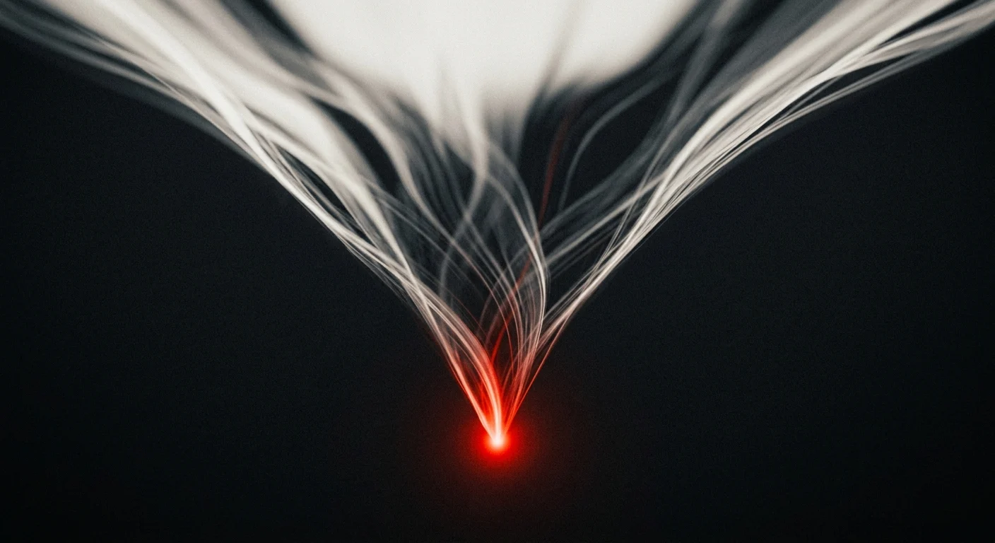 Abstract funnel-shaped light trails converging into a single glowing red point on a dark background