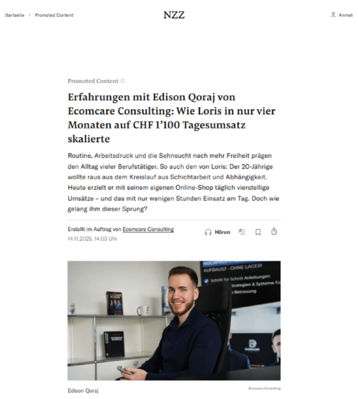 NZZ - Ecomcare-Erfolg: Wie Loris nebenbei CHF 50'000 Umsatz erzielte