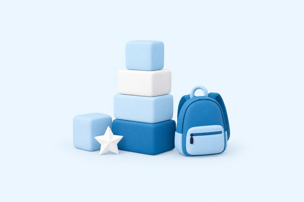 Illustration: Bauklötze, Papierstern und Schulrucksack