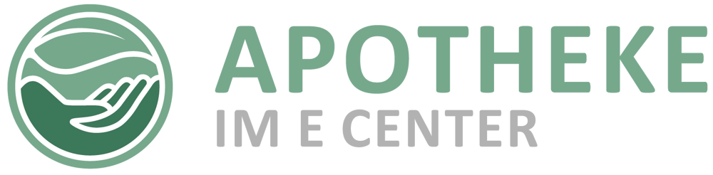 Logo: Eine grüne Hand hält eine grüne Pflanze, daneben steht der Text "APOTHEKE IM E CENTER".
