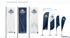 Verschiedene Fahnen und Beachflags in Weiß und Dunkelblau mit dem JUNO-Logo als Anwendungsbeispiele für Corporate Design.