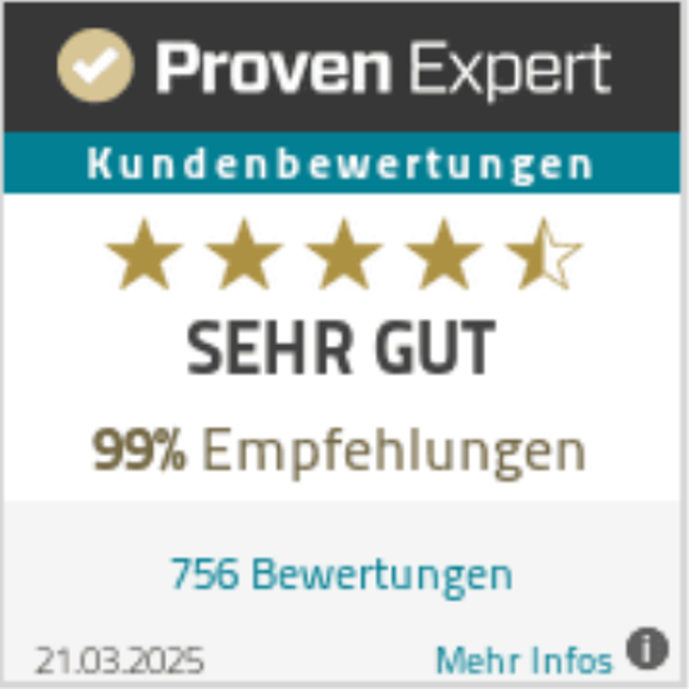 Proven Expert Kundenbewertungen: SEHR GUT, 99 % Empfehlungen, 756 Bewertungen.