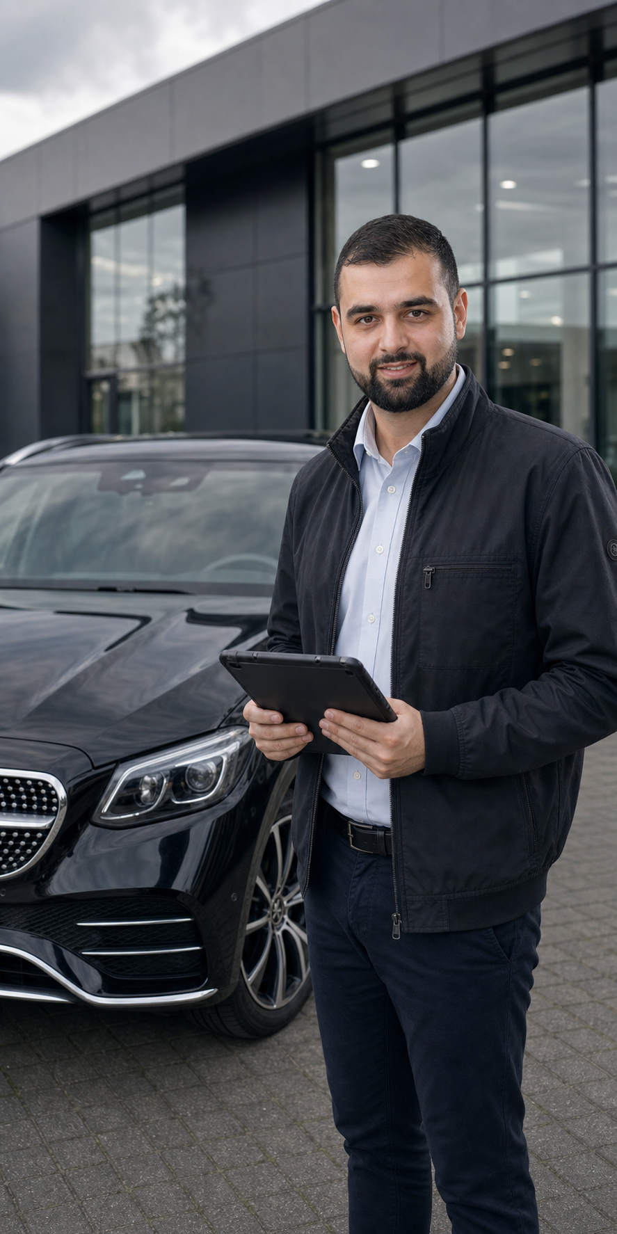 Jonathan Dag von DAG Gutachten neben einem Mercedes mit iPad