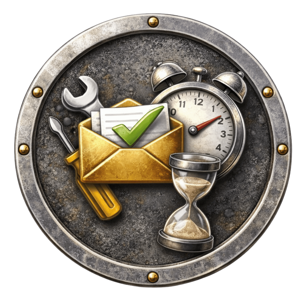 Ein metallenes Emblem mit Schraubenschlüssel, Schraubendreher, Briefumschlag, Häkchen, Wecker und Sanduhr.