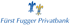 Logo der Fürst Fugger Privatbank mit einer blauen und einer gelben Lilie auf schwarzem Hintergrund.