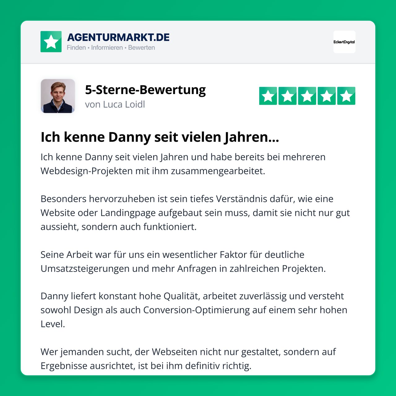Bewertung von Luca Loidl – 5 Sterne auf Agenturmarkt.de