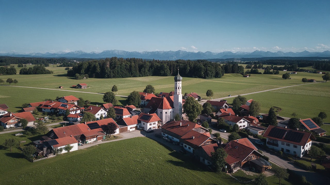 Luftaufnahme eines Dorfes im Landkreis München mit Kirchturm, Photovoltaikdächern und Alpen