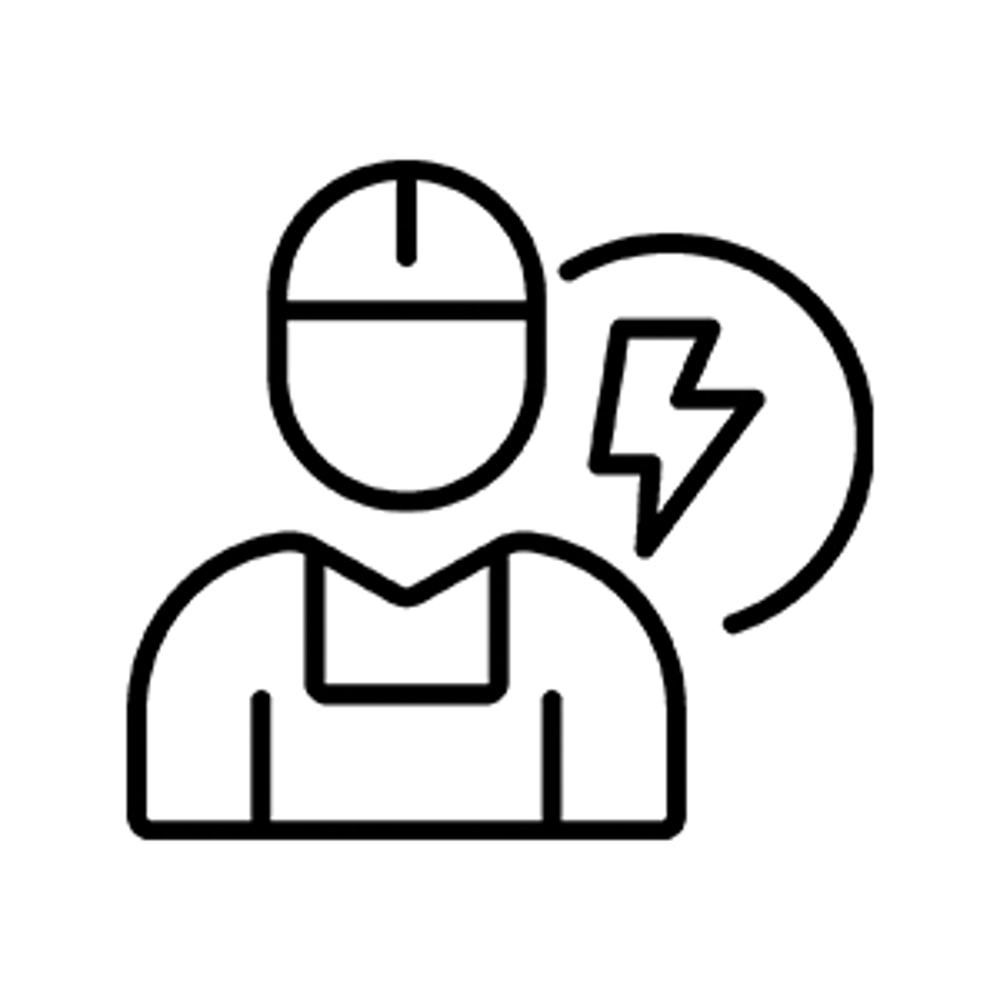 Umriss eines Arbeiters mit Schutzhelm und einem Blitzsymbol daneben.