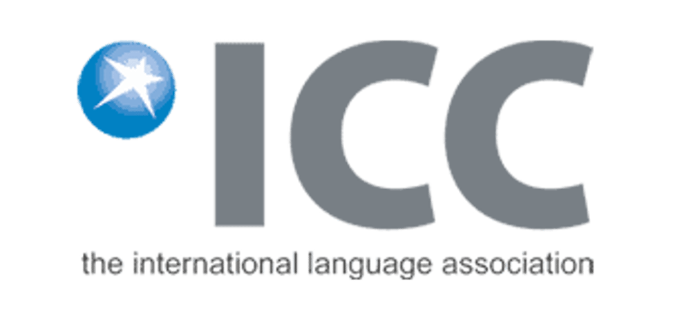 Logo der ICC mit einem blauen Stern und dem Text "the international language association".