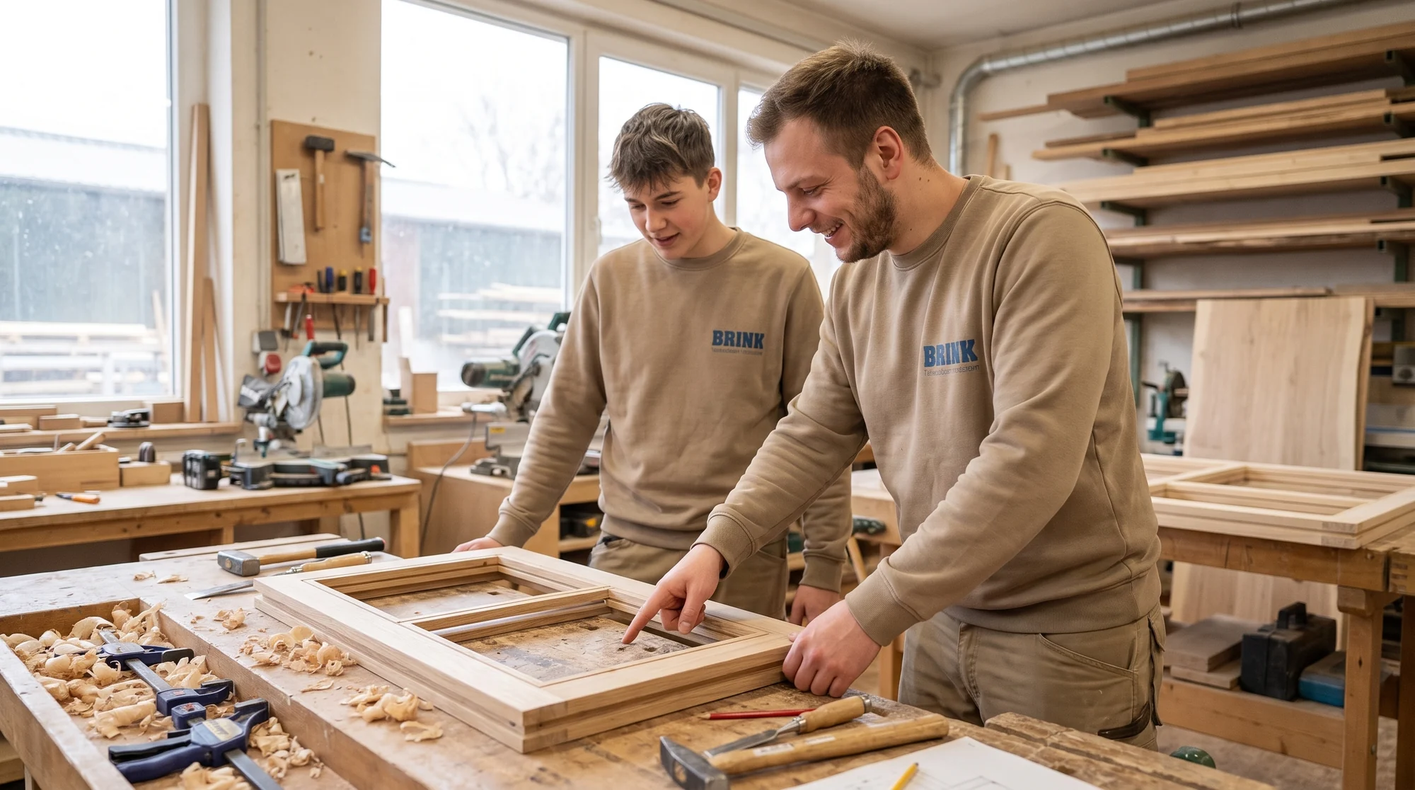 Zwei Tischler von Brink arbeiten in der eigenen Werkstatt an einem Fensterflügel