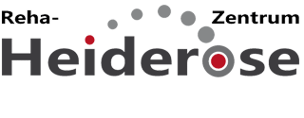 Logo des Reha-Zentrum Heiderose mit grauem Schriftzug und bogenförmig angeordneten grauen und roten Punkten.