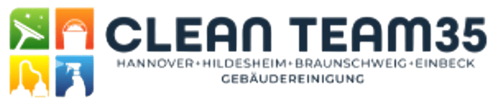 Logo von Clean Team 35 mit vier farbigen Quadraten und Text "HANNOVER • HILDESHEIM • BRAUNSCHWEIG • EINBECK • REGION WEIT VERSAND".