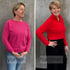 Vorher-Nachher-Vergleich einer Frau mit kurzem Haar in einem pinken Sweatshirt und später in einem roten Strickpullover.