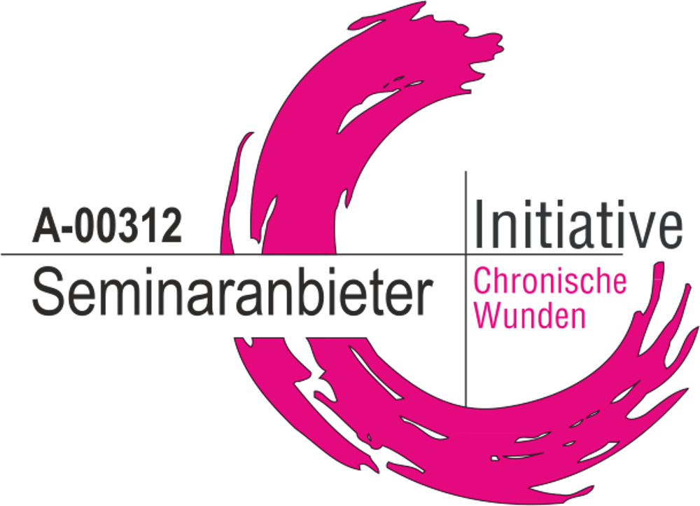 Logo: A-00312 Seminaranbieter, Initiative Chronische Wunden, mit stilisiertem pinkfarbenem C.