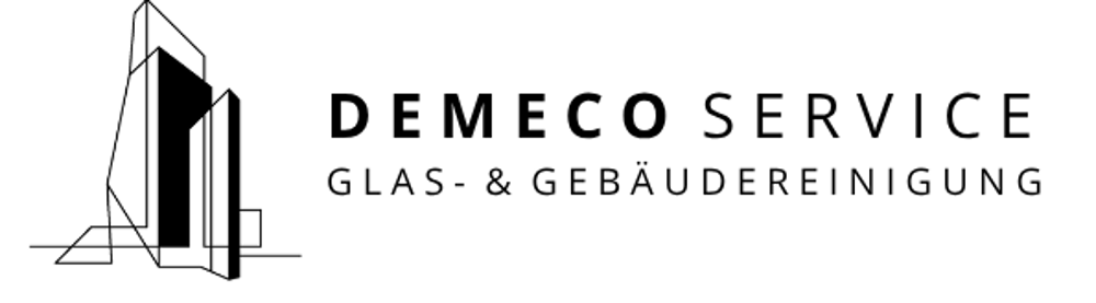 Logo mit stilisierten Gebäuden und dem Text "DEMECO SERVICE GLAS- & GEBÄUDEREINIGUNG".