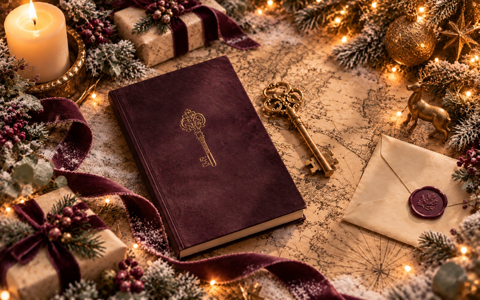 Goldener Schlüssel und plumfarbenes Buch auf einer alten Karte, umgeben von warmen Weihnachtslichtern