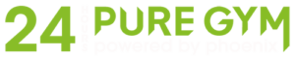 Logo von 24 Hours PURE GYM powered by phoenix in grüner und weißer Schrift auf schwarzem Hintergrund.