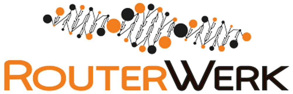 Logo von RouterWerk mit orangefarbenen und schwarzen Kreisen, verbunden durch Linien, die eine DNA-Helix bilden.