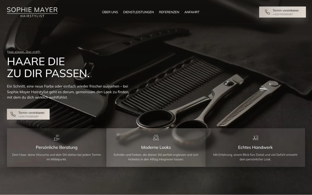 Startseite der Website von Sophie Mayer Hairstylist