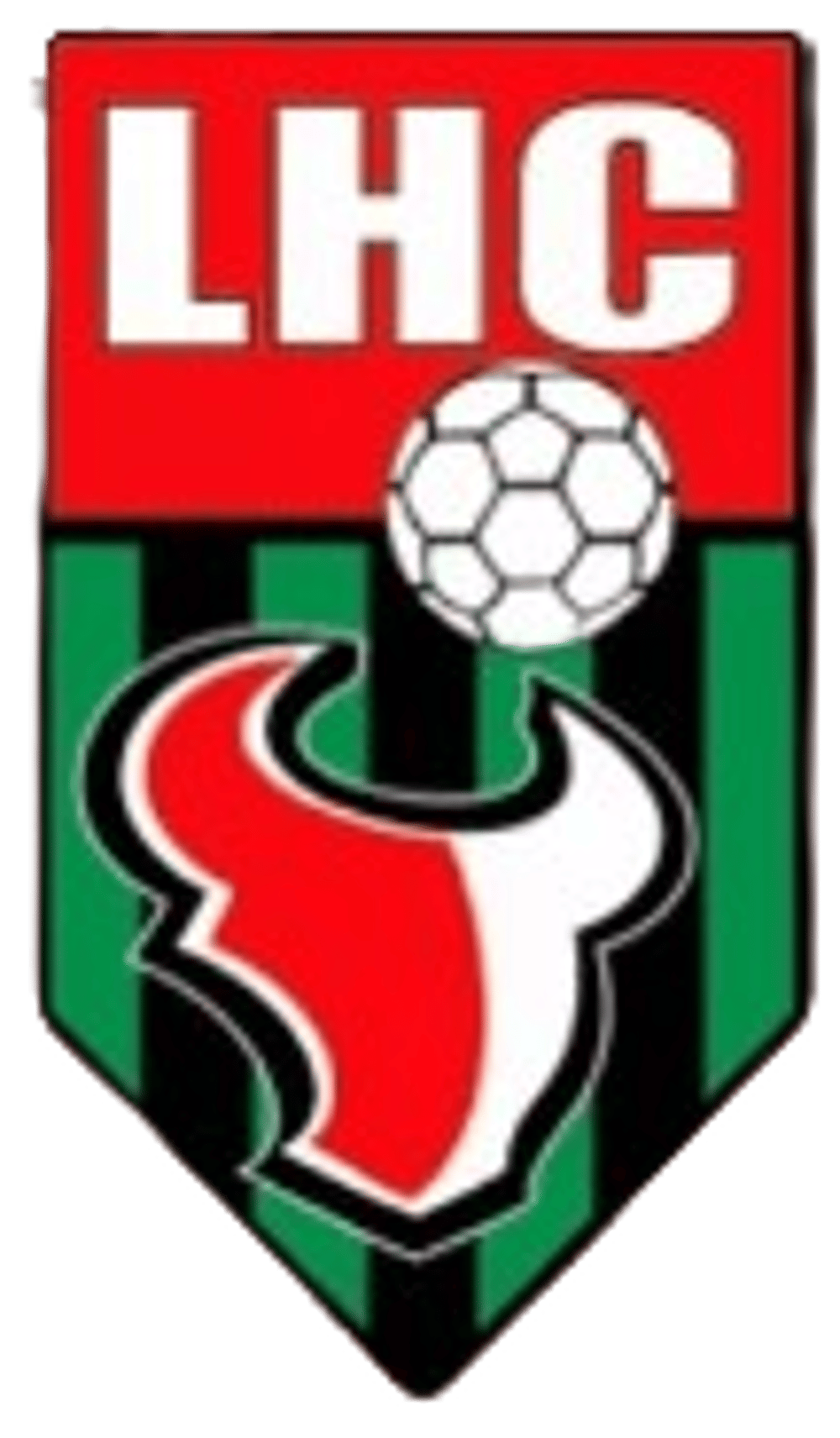 Wappen mit rotem Banner "LHC", Fußball, roter und weißer Stierkopf auf schwarz-grün gestreiftem Hintergrund.