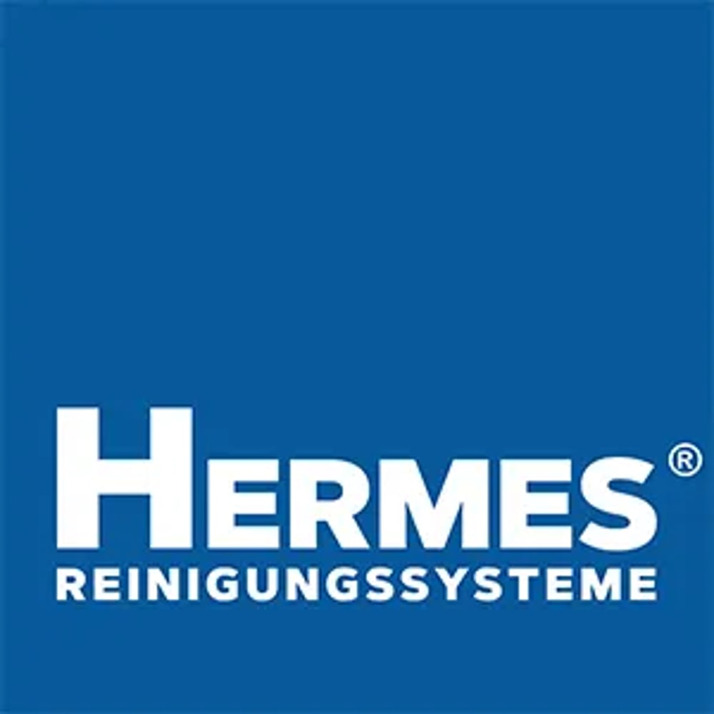 Hermes Reinigungsysteme Logo: Weißer Text "Hermes" mit "Reinigungsysteme" darunter, auf blauem Hintergrund.