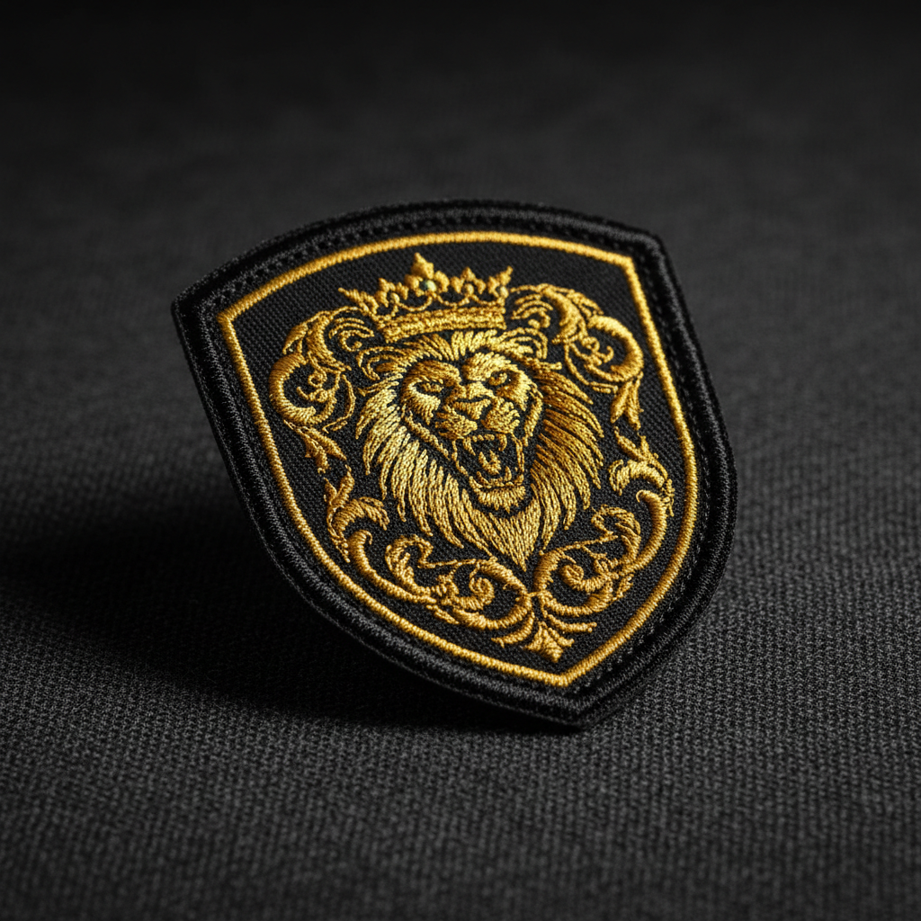 Individueller gestickter Patch mit blauer Umrandung und Goldstickerei