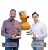 Peter Strehle und Nicolai Rußin halten schwarze Boxen mit "Starke" Logo, hinter ihnen eine gelbe Ente mit Krone.