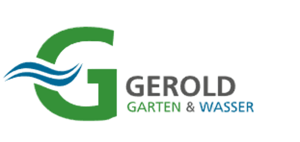 Logo mit grünem "G", blauer Welle und dem Text "GEROLD GARTEN & WASSER".