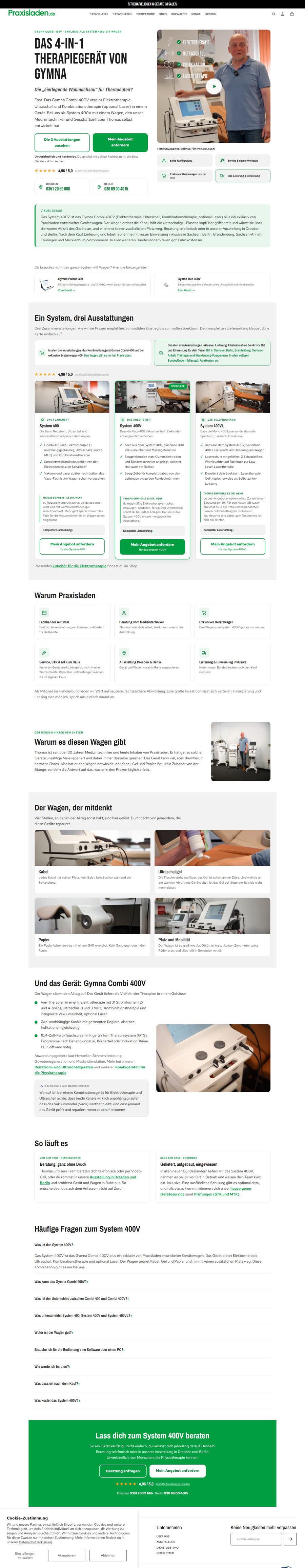 Landingpage System 400V in der Desktop-Ansicht, Seitenanfang mit Überschrift, Gerät und zwei Knöpfen