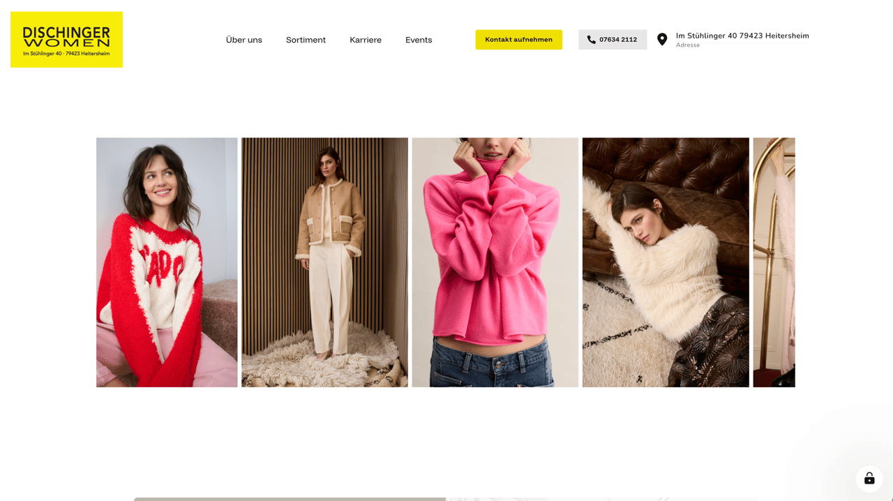 Website-Screenshot mit Dischinger Women Logo, Navigationsleiste, und fünf Produktbildern von Frauen in Mode.