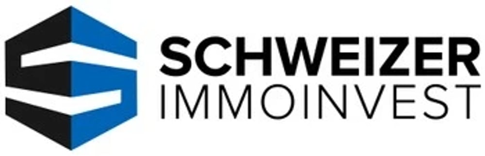 SCHWEIZER IMMOINVEST Logo mit blau-schwarzem, eckigem Symbol, das ein "S" bildet.