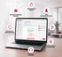 Laptop zeigt Software-Oberfläche umgeben von sechs roten Icons mit Text: Erfahrung, Inhalte, Benutzerfreundlichkeit, Anpassbarkeit, Hosting, Betreuung - Bevölkerungsschutz-Software Notfall- und Krisenmanager (NKM®).
