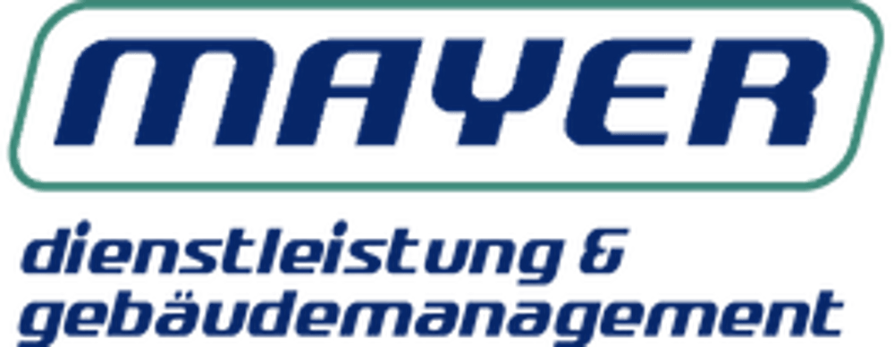 Firmenlogo mit „MAYER Dienstleistung & Gebäudemanagement“ in Blau auf dunklem Hintergrund.