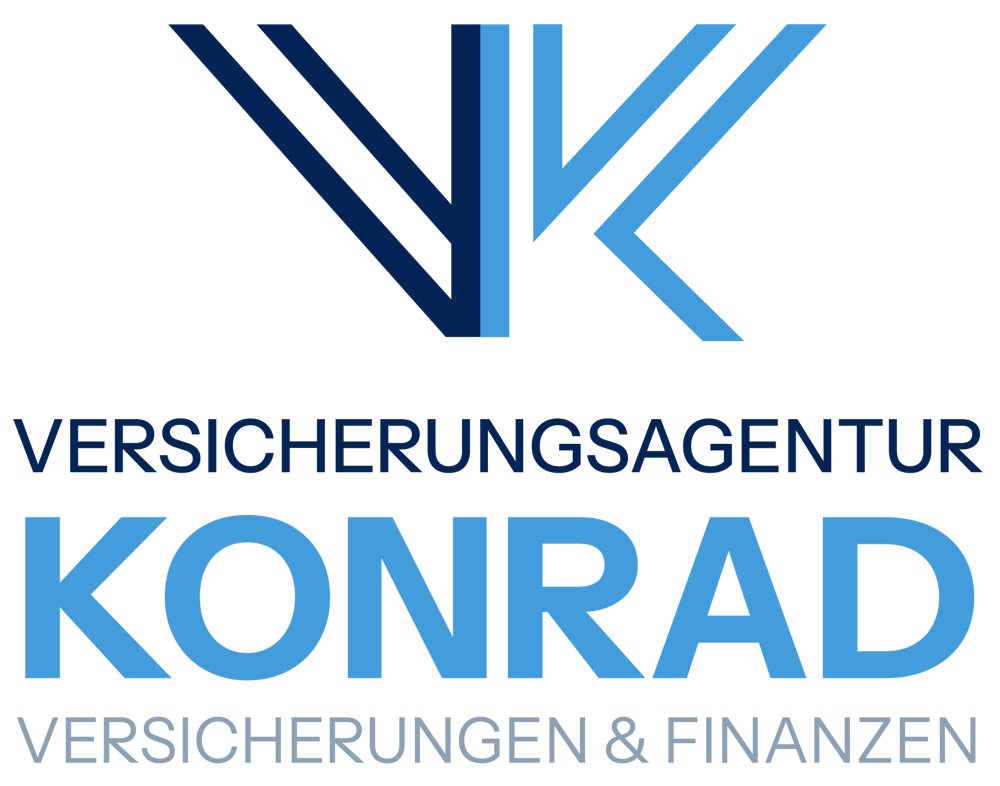 VK Logo mit Text "VERSICHERUNGSAGENTUR KONRAD VERSICHERUNGEN & FINANZEN" in Blau und Dunkelgrau auf Dunkelgrau.