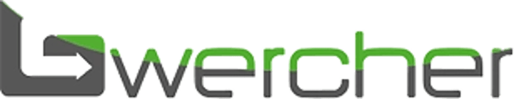 Das Logo "wercher" in dunkelgrau und hellgrün auf dunklem Hintergrund, mit einem stilisierten Pfeil im 'w'.